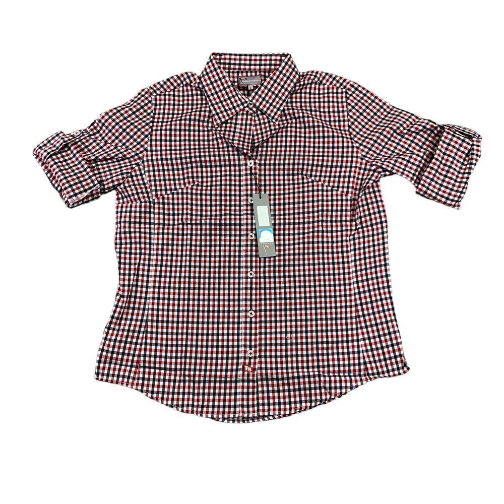 NWT Pennington & Bailes Button-Up Shirt Women's Large Red Plaid Roll Tab‎ Sleeve
